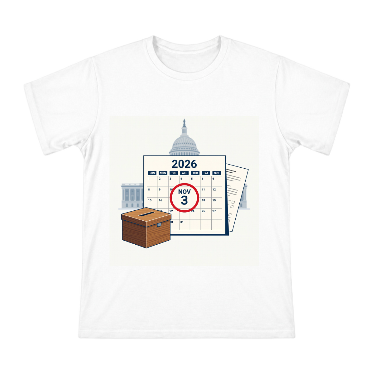 2026 US Midterm Election Calendar and Ballot Box Illustration Men's Short Sleeve T-Shirt front [ai-pod:0cf01131328d7ac2276437f71c42b4ea]