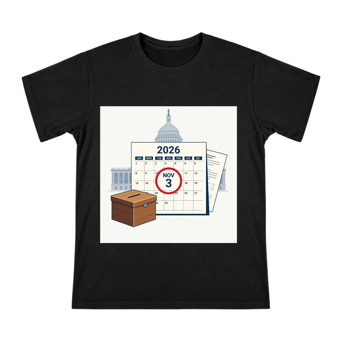 2026 US Midterm Election Calendar and Ballot Box Illustration Men's Short Sleeve T-Shirt front [ai-pod:0aa79031a7693310ba540df1d20122dd]