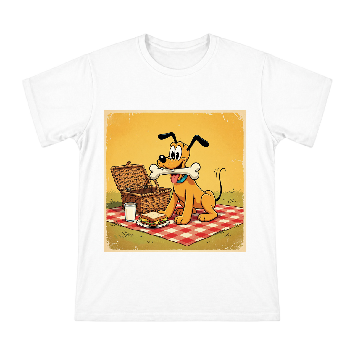 Retro Cartoon Dog Picnic Scene T-Shirt front [ai-pod:cc2ebc9d3008b08bf8cbb9991800b503]