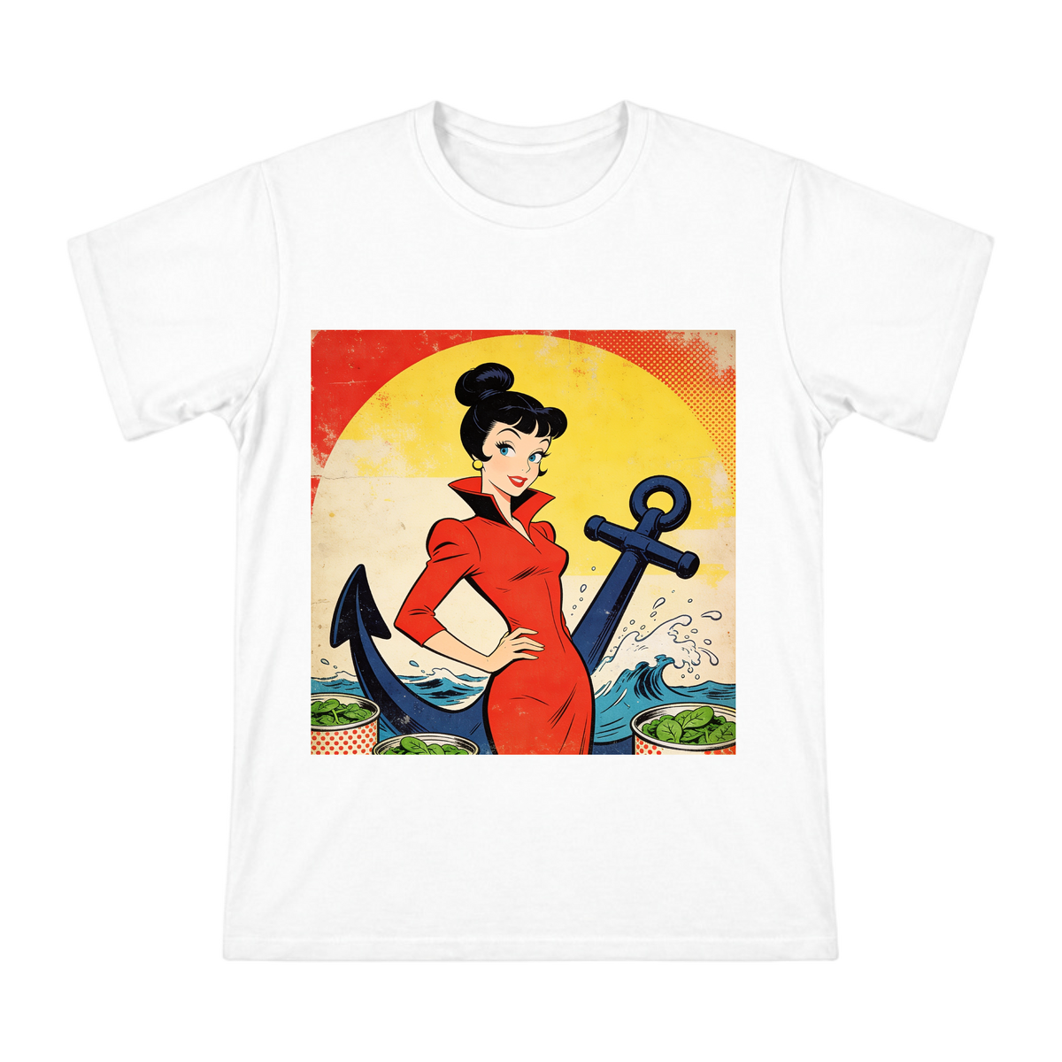 Vintage American Comic Olive Oyl and Nautical Anchor Men's Cotton T-Shirt front [ai-pod:7f65211f7d0e3ea52f75bfc6b7636857]