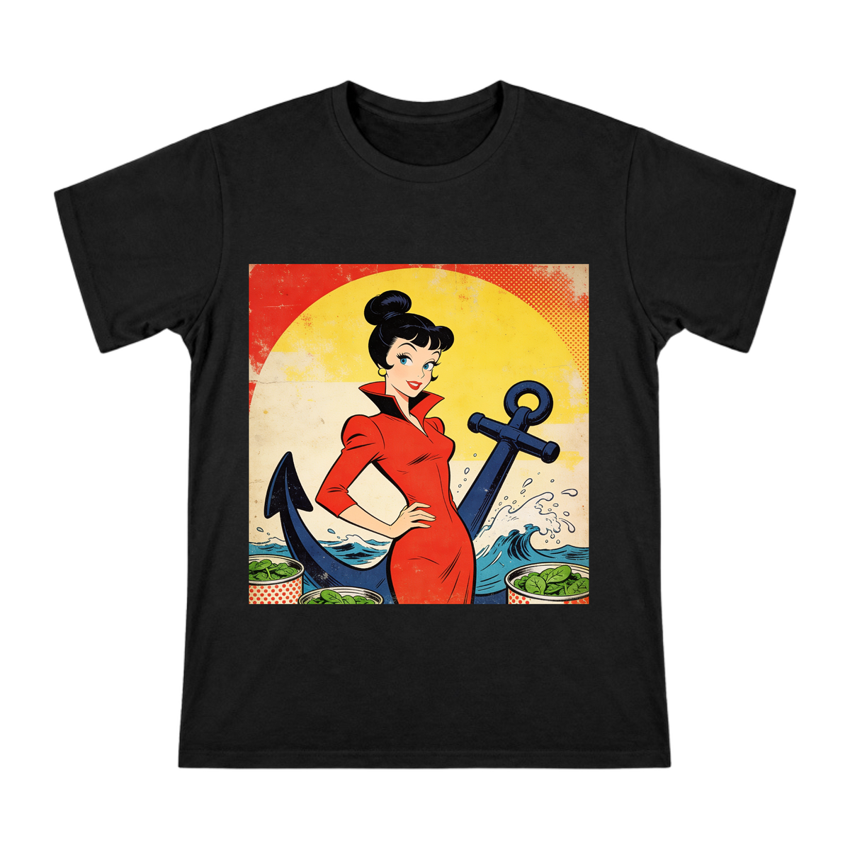 Vintage American Comic Olive Oyl and Nautical Anchor Men's Cotton T-Shirt front [ai-pod:ef1fe71a1545030ae08a545e4e3dc6d9]