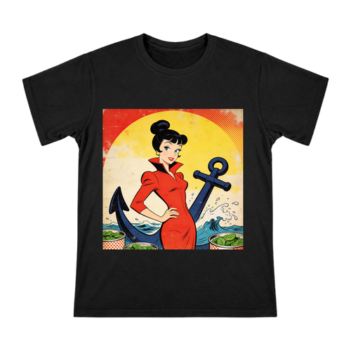 Vintage American Comic Olive Oyl and Nautical Anchor Men's Cotton T-Shirt front [ai-pod:ef1fe71a1545030ae08a545e4e3dc6d9]