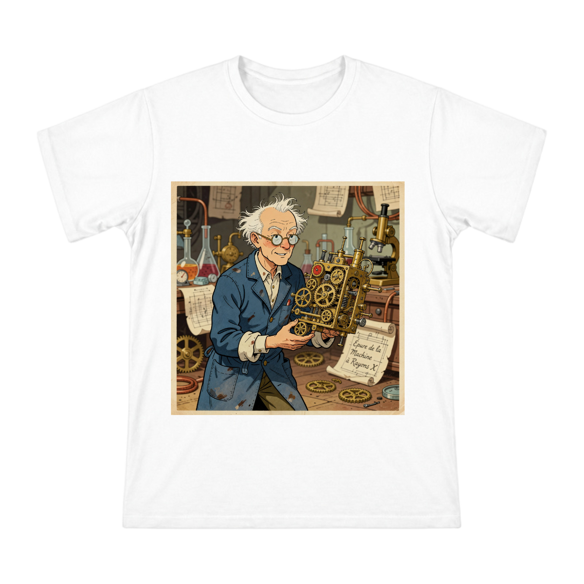 Retro Comic Genius Professor with Brass Mechanical Device Men's Short Sleeve T-Shirt front [ai-pod:19281040fd7d16ccfa3c6fc01c88c907]