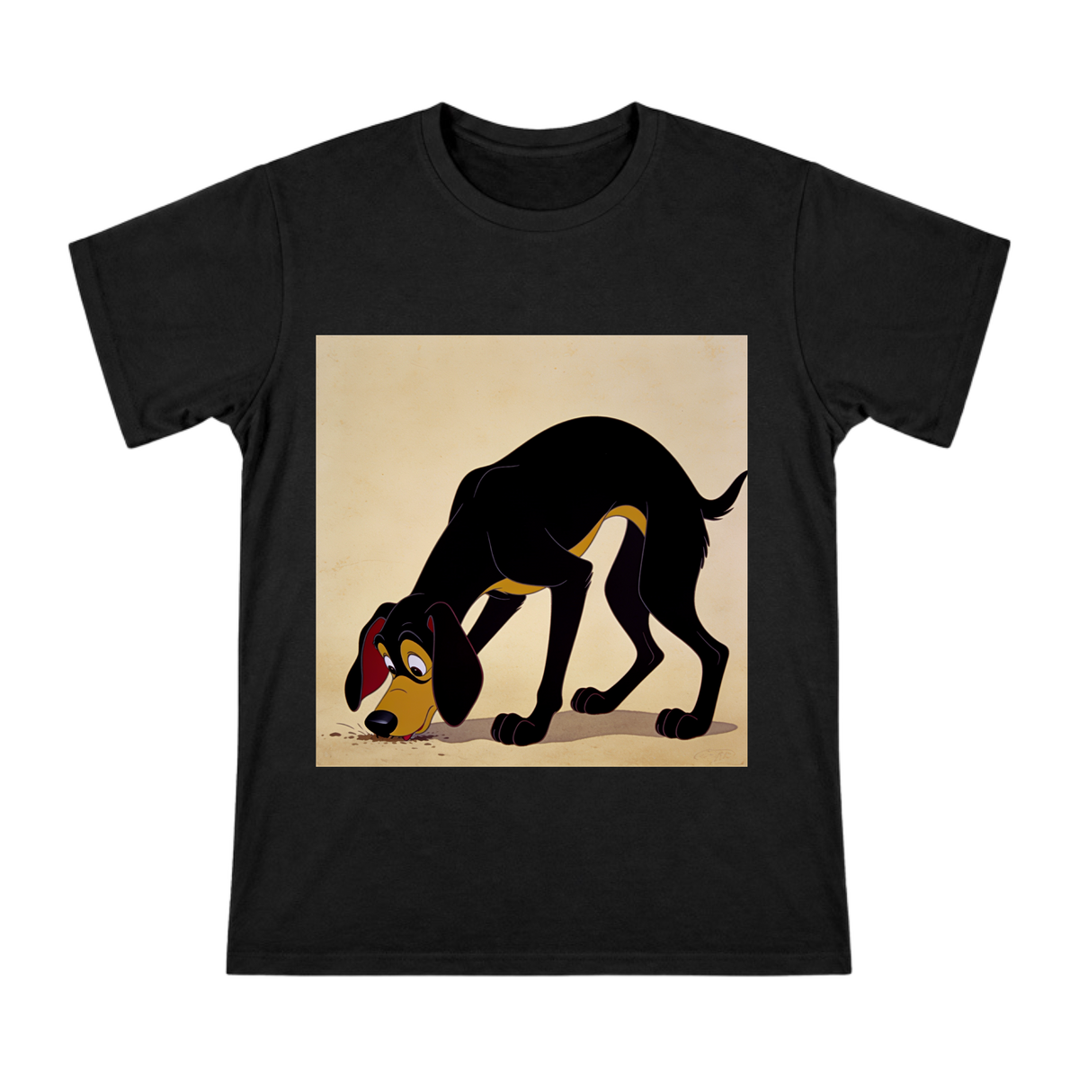 Vintage Disney Style Black Hound Sniffing Print Men's Cotton T-Shirt front [ai-pod:57c15760da9e514f35160b8f79938761]