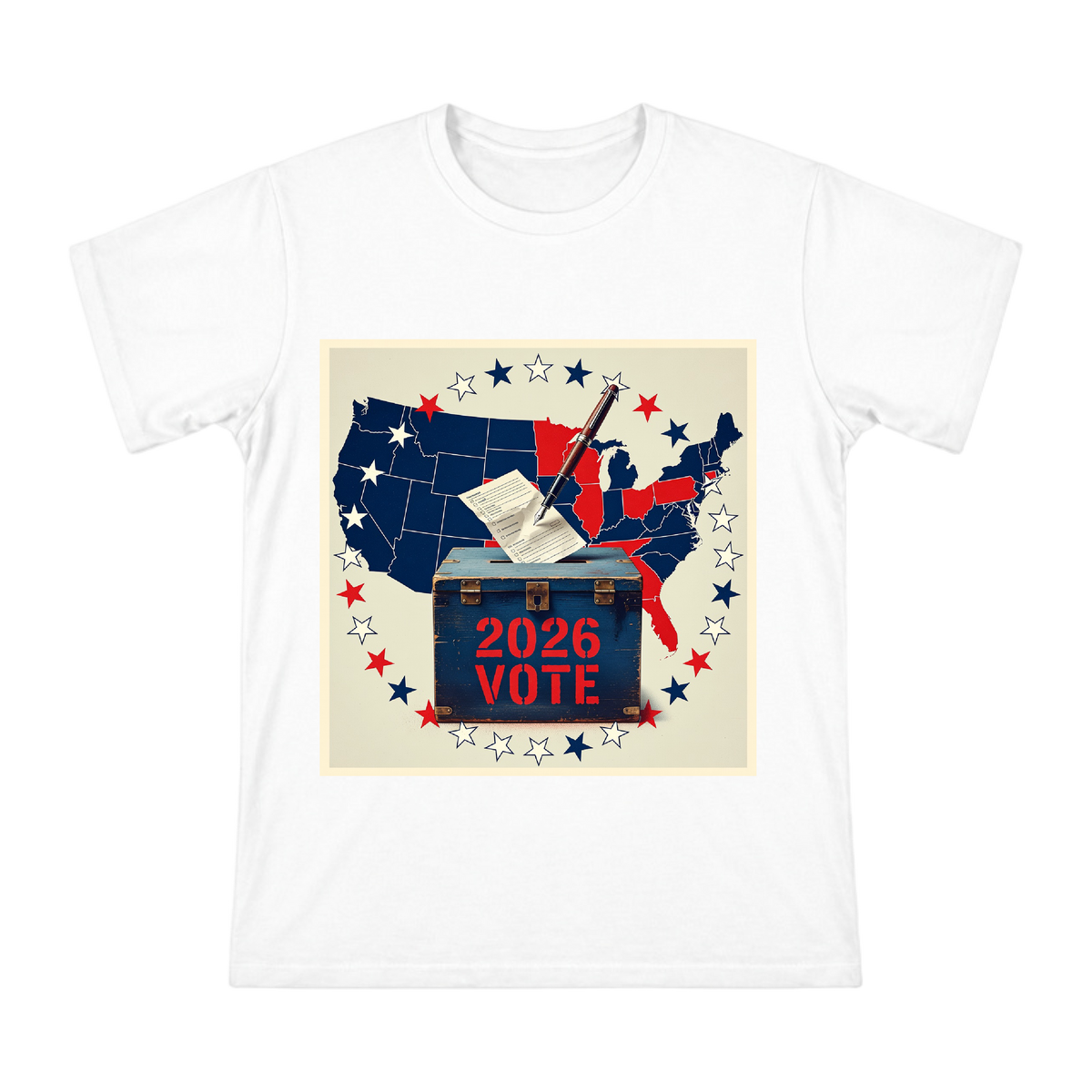 2026 Vintage Vote Ballot Box Graphic Men's Cotton T-Shirt front [ai-pod:634a970a699038df3d0fc2e7952644d1]