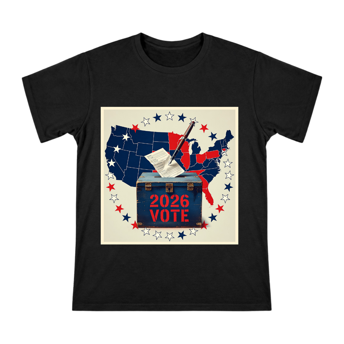2026 Vintage Vote Ballot Box Graphic Men's Cotton T-Shirt front [ai-pod:817eff471265c20a078e65024d3c566c]
