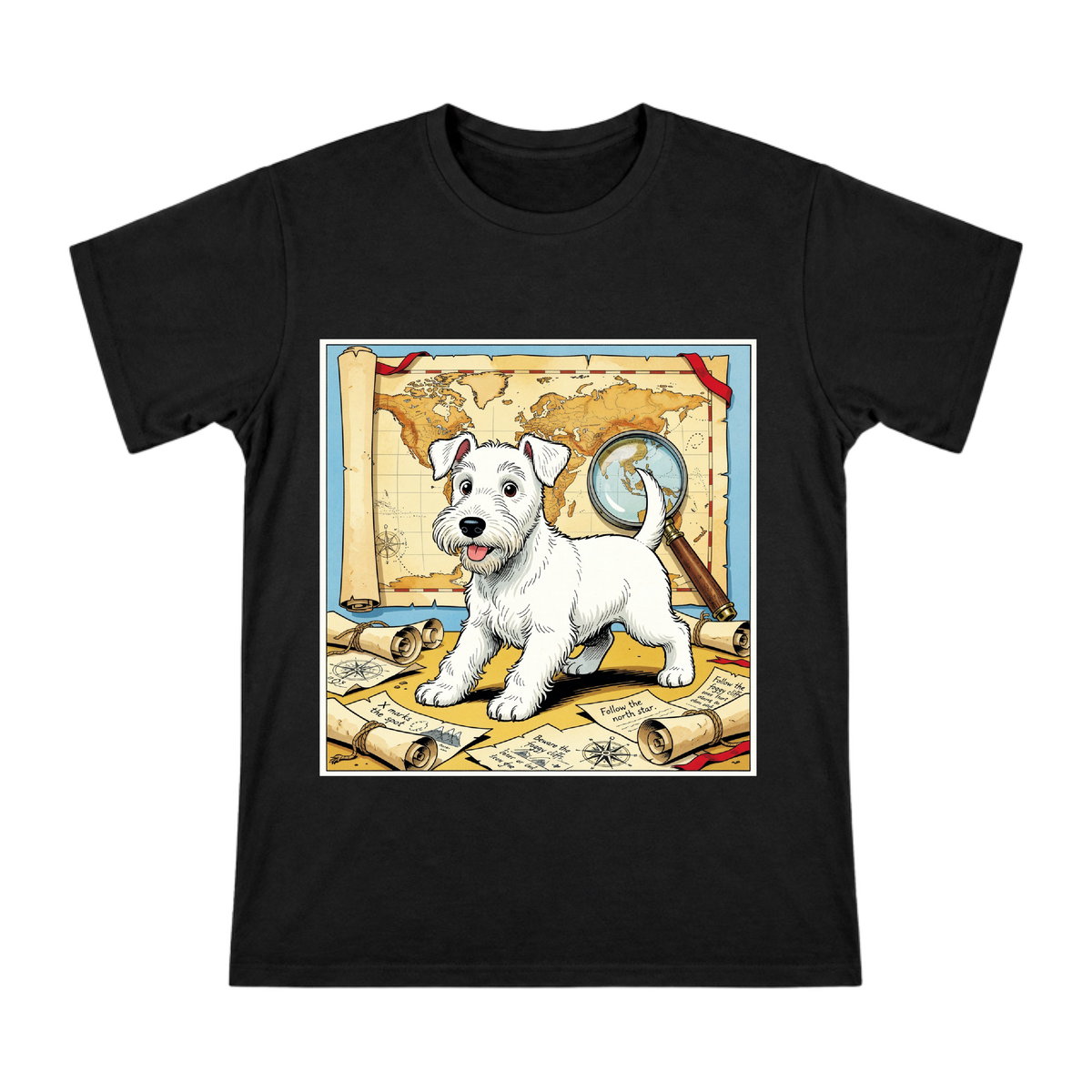 Retro Explorer Wire Fox Terrier and Treasure Map Men's Cotton T-Shirt front [ai-pod:51e075bde91d3027ca3509c31a4aa0e8]