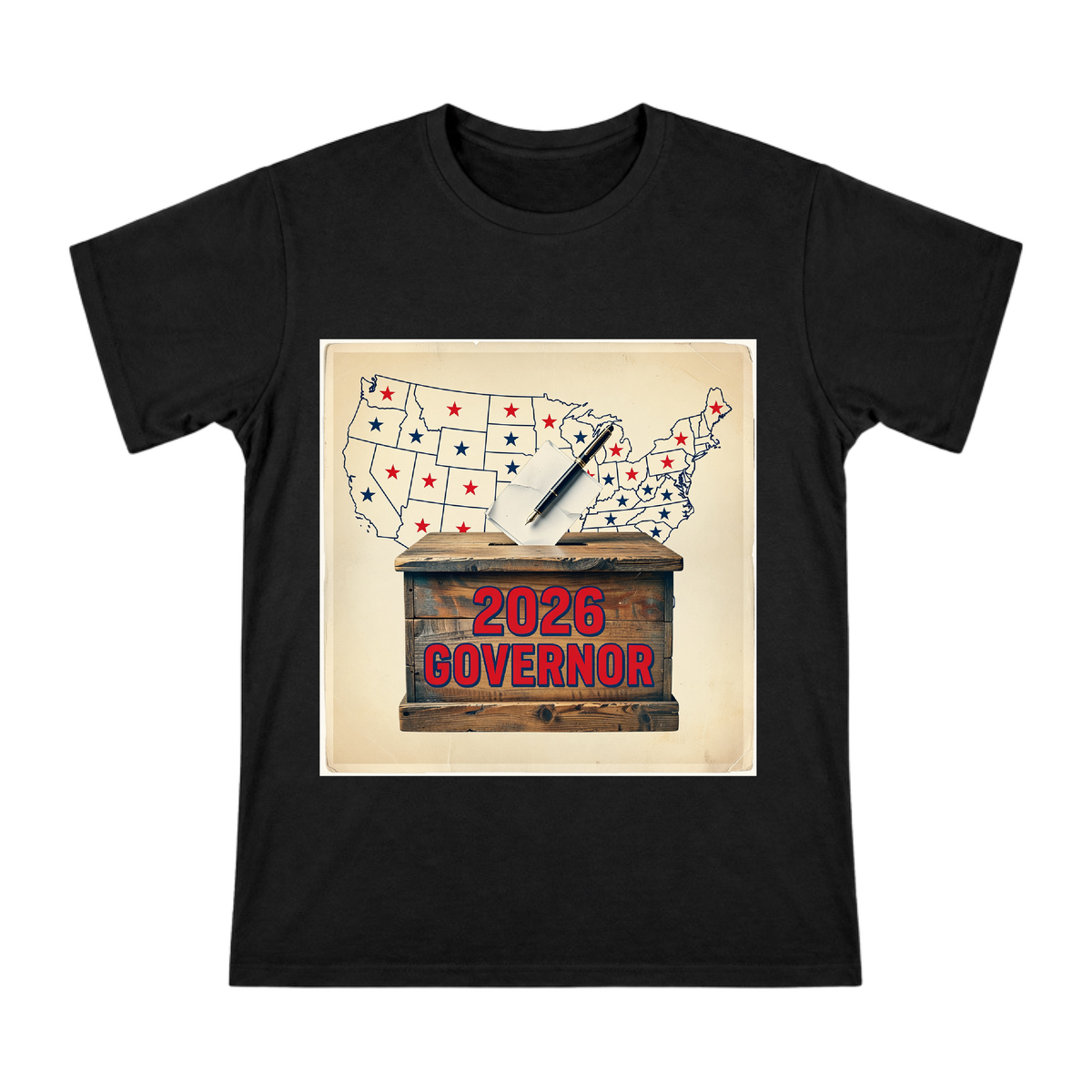 2026 Governor Retro Wooden Ballot Box Illustration Men's Cotton T-Shirt front [ai-pod:49bc8c7cdbc646e041161db3a59c5272]