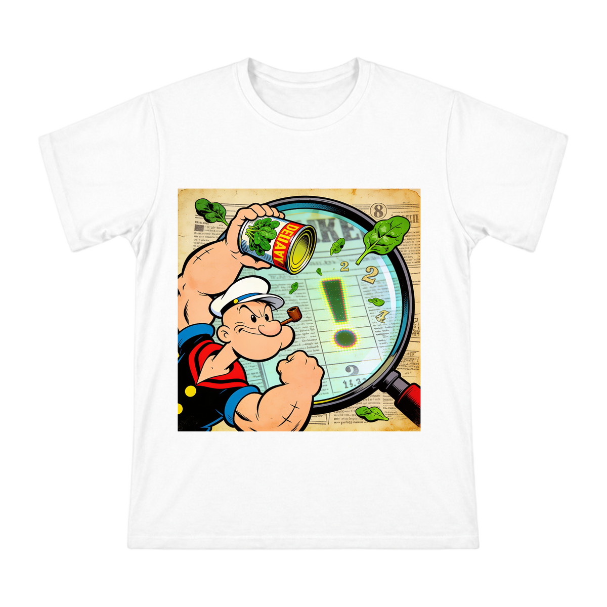 Popeye Retro Comic T-Shirt with Spinach Can Magnifier Art front [ai-pod:5043d15d714882e1ce1100f7303b4fdb]