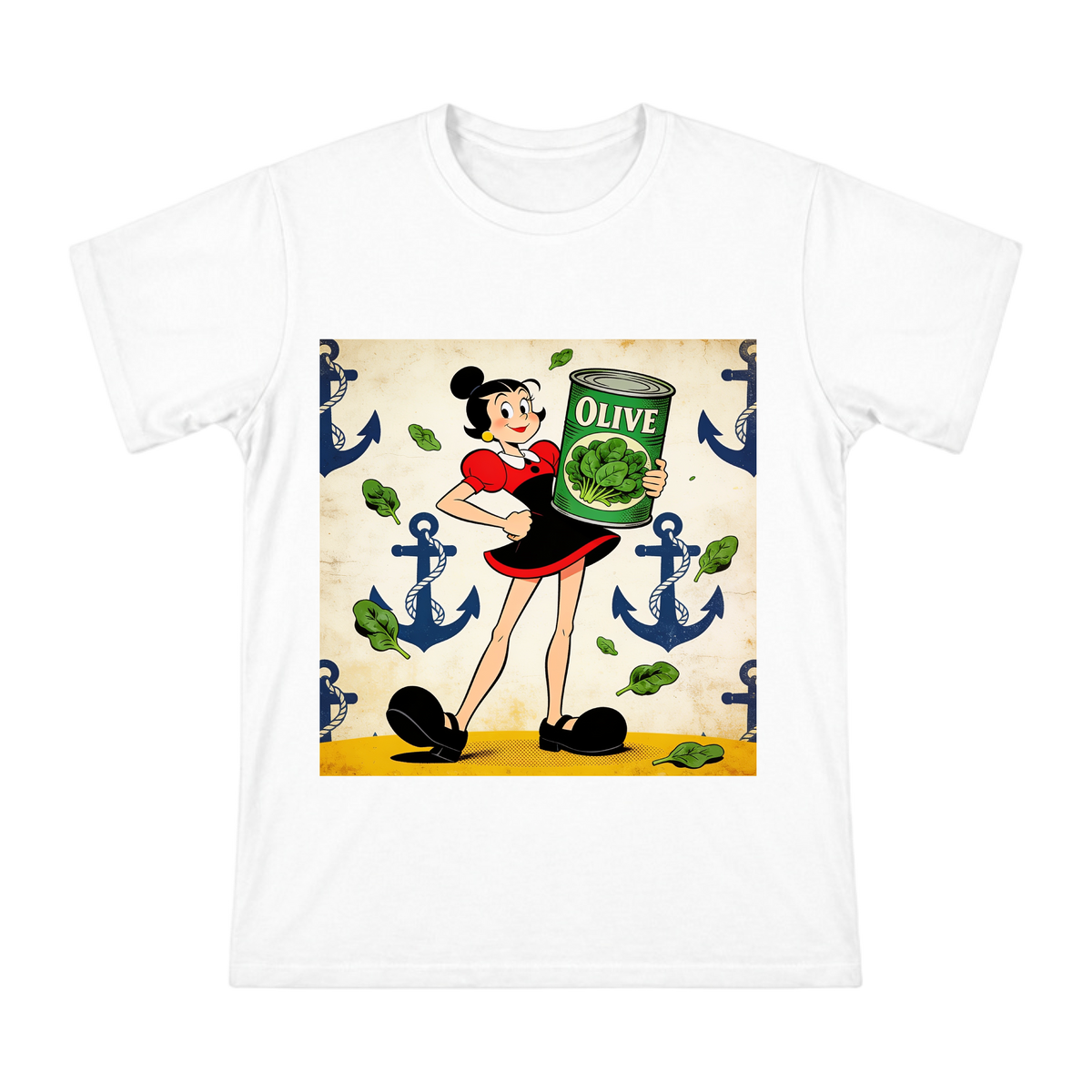 Vintage Cartoon Olive Oyl with Spinach Can Art Men's Short Sleeve T-Shirt front [ai-pod:4c8cb1ecfcb50ba840b17ba249b02e5e]