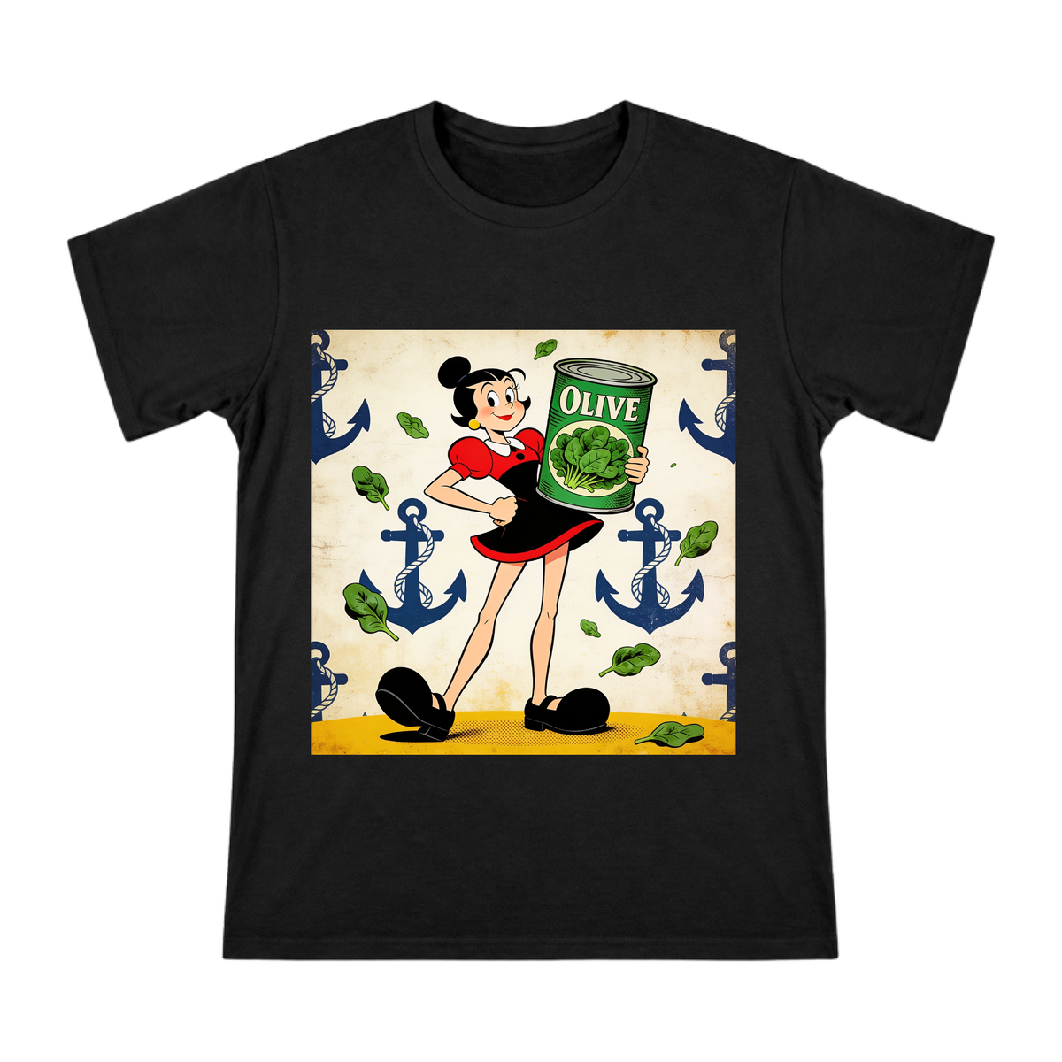 Vintage Cartoon Olive Oyl with Spinach Can Art Men's Short Sleeve T-Shirt front [ai-pod:a8fac593408244ec7fe11cbfe5ce80a9]