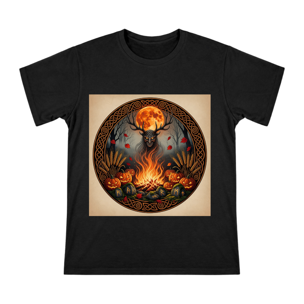 Samhain Antler Druid and Celtic Bonfire Badge T-Shirt front [ai-pod:dc52c3fff4e81fc74227ba3ae337d38e]