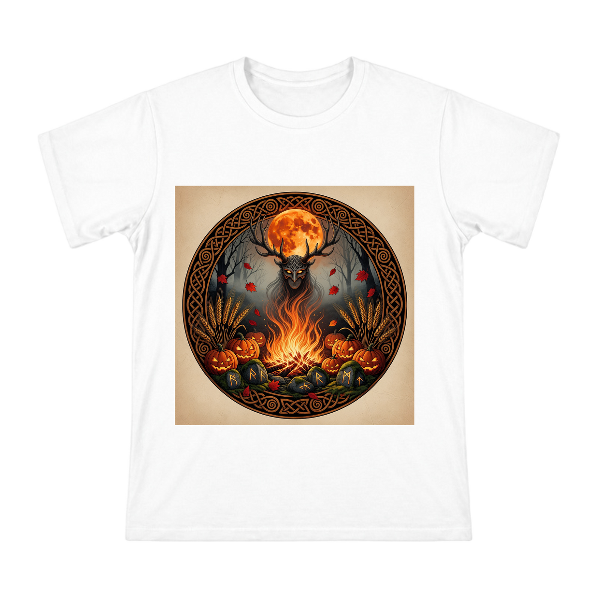 Samhain Antler Druid and Celtic Bonfire Badge T-Shirt front [ai-pod:aa43c67dce2f08b1c8f932b55d7978a2]