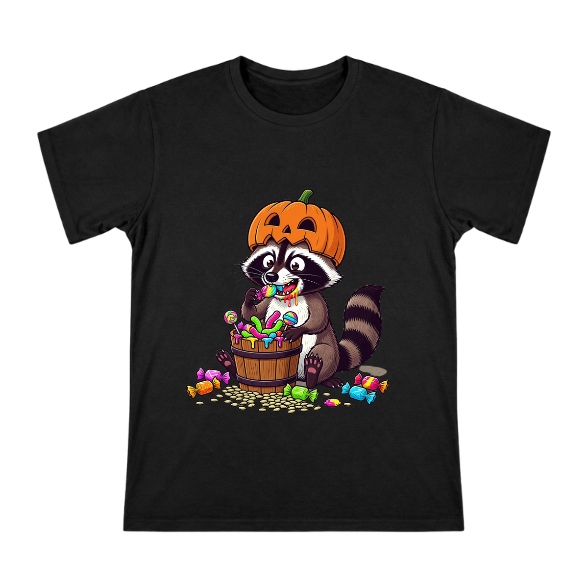 Halloween Raccoon Eating Candy Pumpkin Head Men's Short Sleeve T-Shirt front [ai-pod:72776cda52b680abb6ead9107460145a]