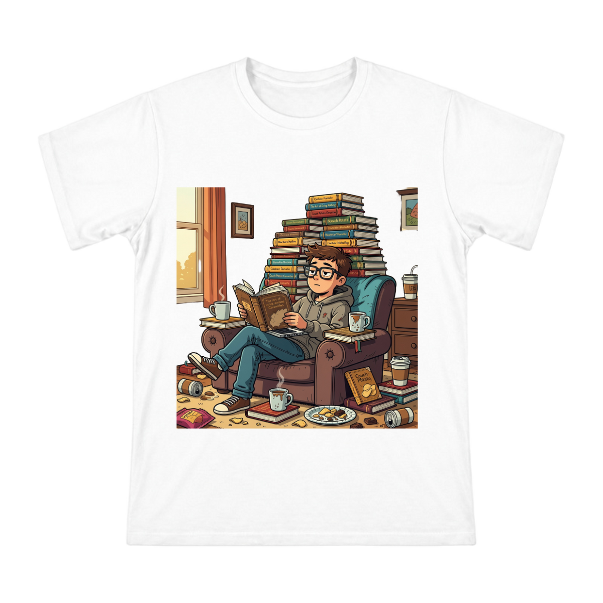 Book-Lover's Lazy Afternoon Cartoon Illustration Men's Short Sleeve T-Shirt front [ai-pod:daa286b77b9afcae31994f80e76cc7bc]
