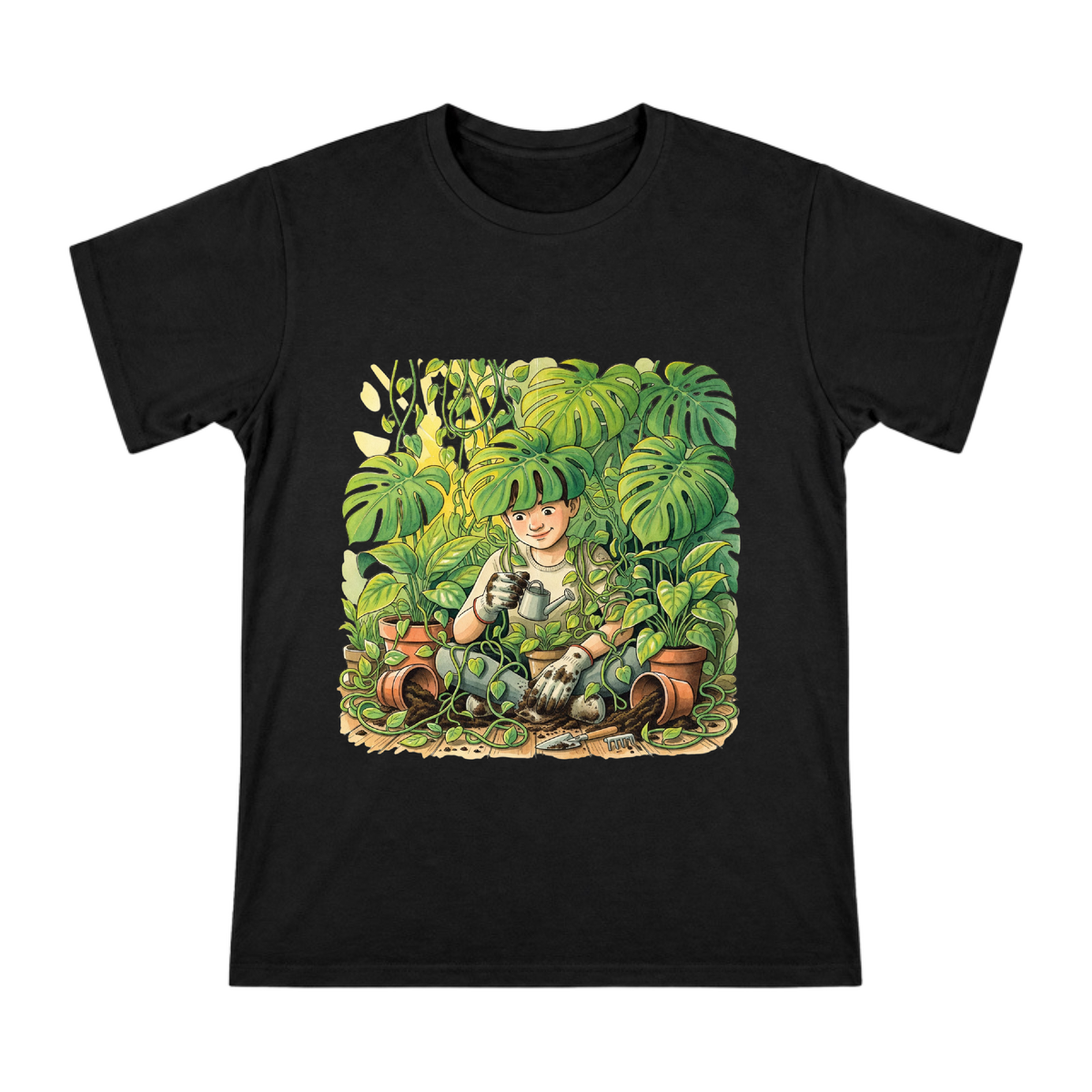 Gardening Youth Under Monstera Leaf Custom Print Men's Cotton T-Shirt front [ai-pod:dc50c3fece0b43b77fd39997bc70599e]