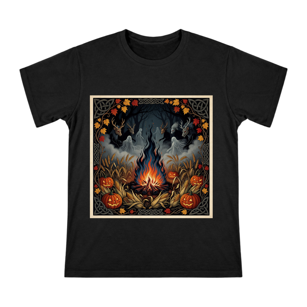 Celtic Autumn Bonfire and Harvest Pumpkin Vintage Woodcut Men's T-Shirt front [ai-pod:f3633ffc68709b8b88ed3d1bc3bd8adc]