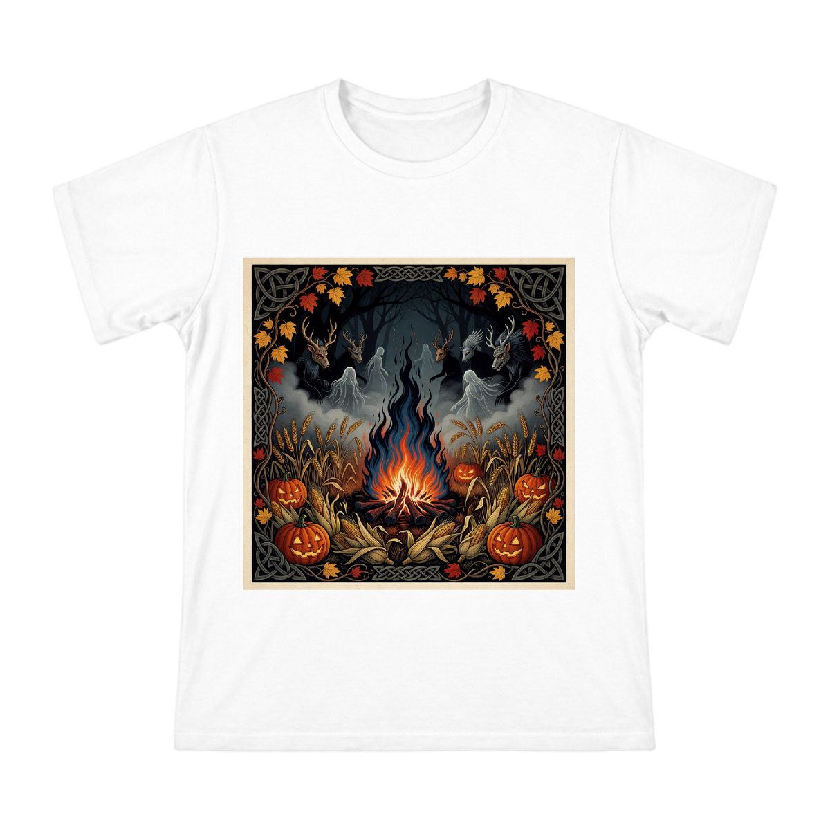 Celtic Autumn Bonfire and Harvest Pumpkin Vintage Woodcut Men's T-Shirt front [ai-pod:802cfbfd20fa7b20594c5a78629e3f63]