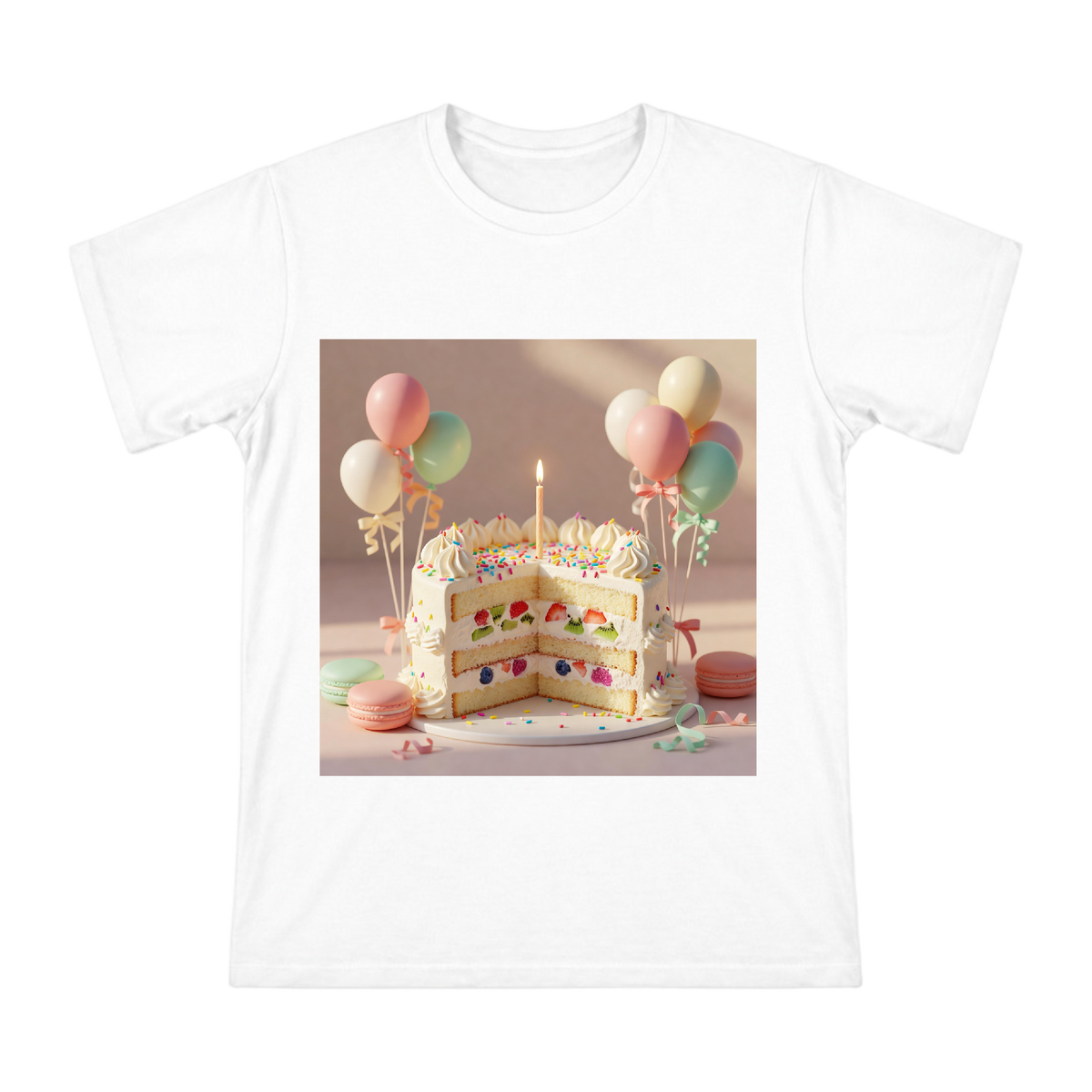 Colorful Fruit Cream Birthday Cake with Balloons Custom Men's Short Sleeve T-Shirt front [ai-pod:cea0e8500d1916387d0bda08ba8312a5]