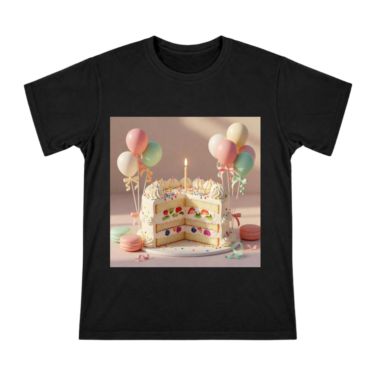 Colorful Fruit Cream Birthday Cake with Balloons Custom Men's Short Sleeve T-Shirt front [ai-pod:e3abf7eceee8e5743823597ac2d962e0]