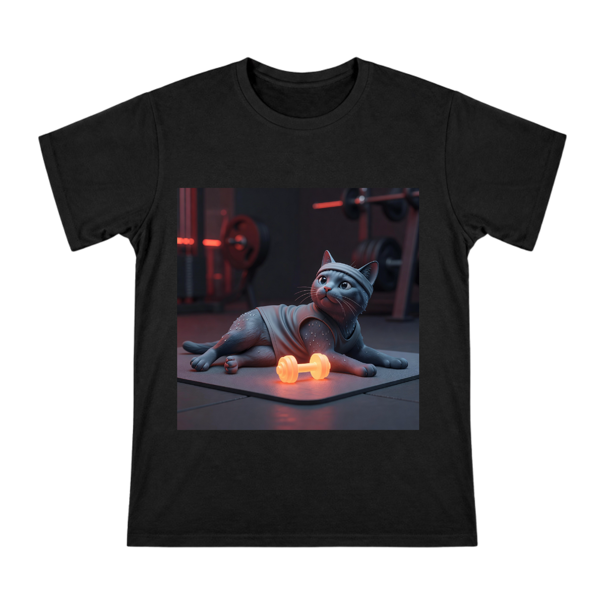 Exhausted Gym Cat with Dumbbell Men's Custom Print T-Shirt front [ai-pod:b4e957c03adae46e3c637323d3a8efb6]