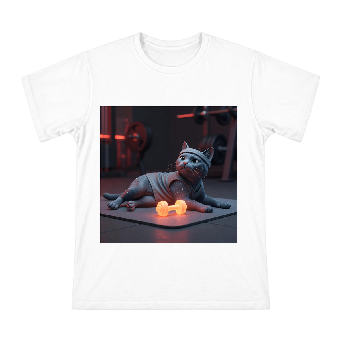 Exhausted Gym Cat with Dumbbell Men's Custom Print T-Shirt front [ai-pod:03b069f093cccbc0704c315cd18c1c3d]