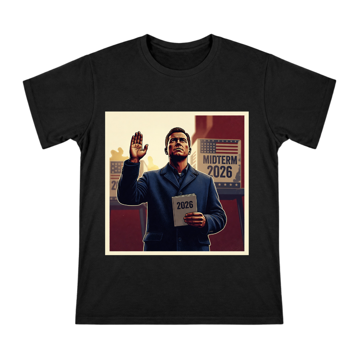 2026 Solemn Vow Retro Political Poster Men's Custom T-Shirt front [ai-pod:4fe2c97194ba3606fe79aac0eeb2ea51]