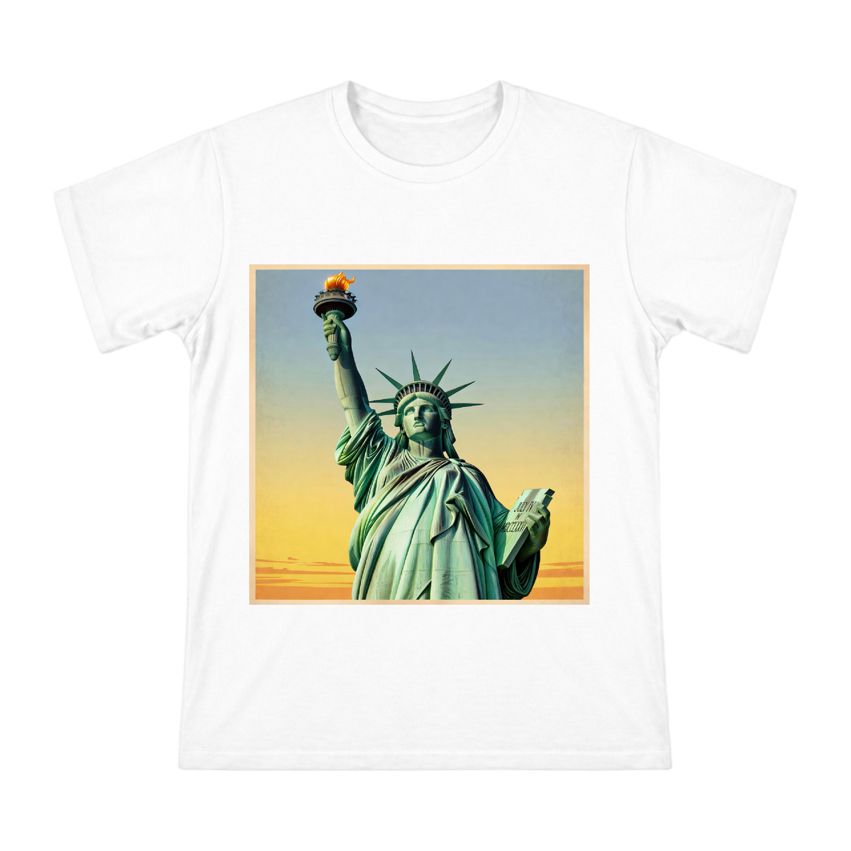 Statue of Liberty Close-Up Men's Custom Print Cotton T-Shirt front [ai-pod:db8225acfb73af91f81aa3503eef8024]