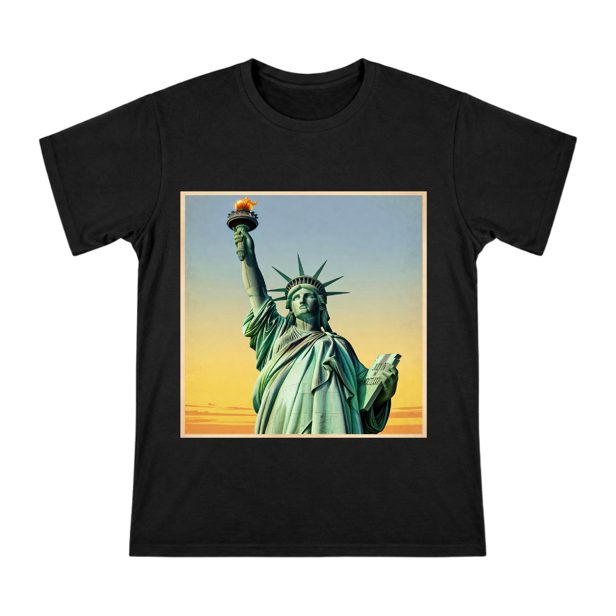 Statue of Liberty Close-Up Men's Custom Print Cotton T-Shirt front [ai-pod:699ca1fd35a128a94c09ce6480c17229]