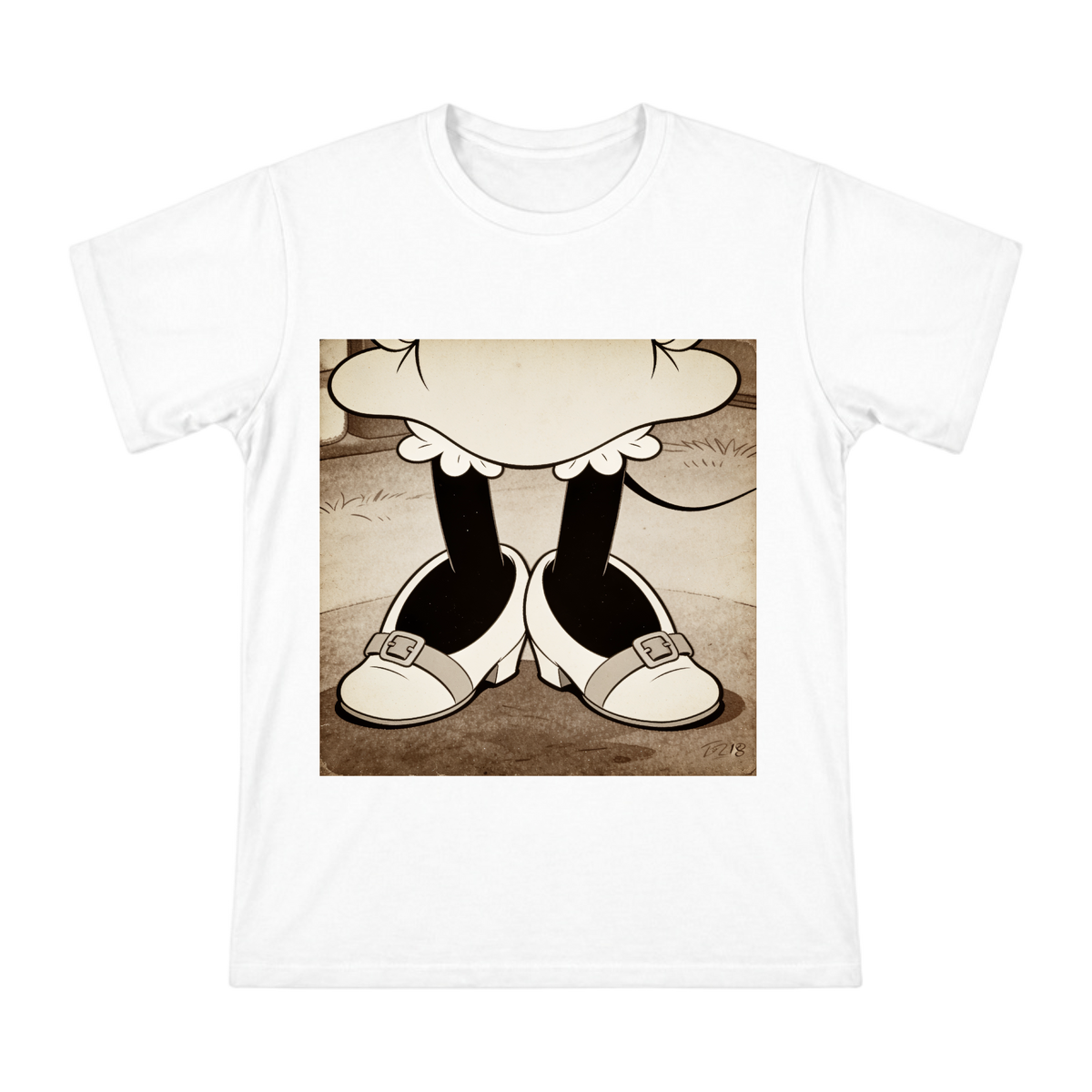 Vintage Minnie Mouse Mary Jane Shoes Close-Up on Men's Cotton T-Shirt front [ai-pod:71408cbc643295c06e3e9a47ec1582b2]