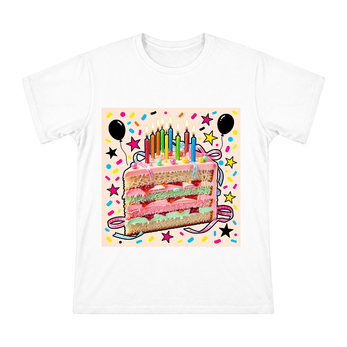 Retro Pop Art Birthday Cake Illustration Men's Cotton T-Shirt front [ai-pod:51189cd6f3a1dd8e0de8baae2f2afffa]