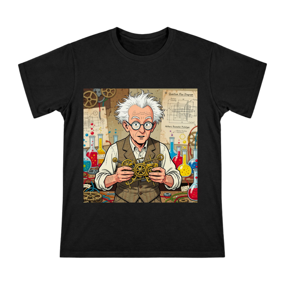 Retro Steampunk Scientist Holding Brass Gears Illustration on Men's Cotton T-Shirt front [ai-pod:e10ec597b85c483041cbf1aee9eaf5d6]