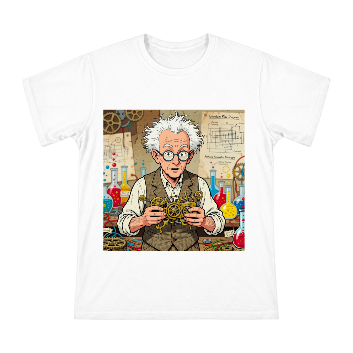 Retro Steampunk Scientist Holding Brass Gears Illustration on Men's Cotton T-Shirt front [ai-pod:120446e654f9d104ce1621d1bbf88073]