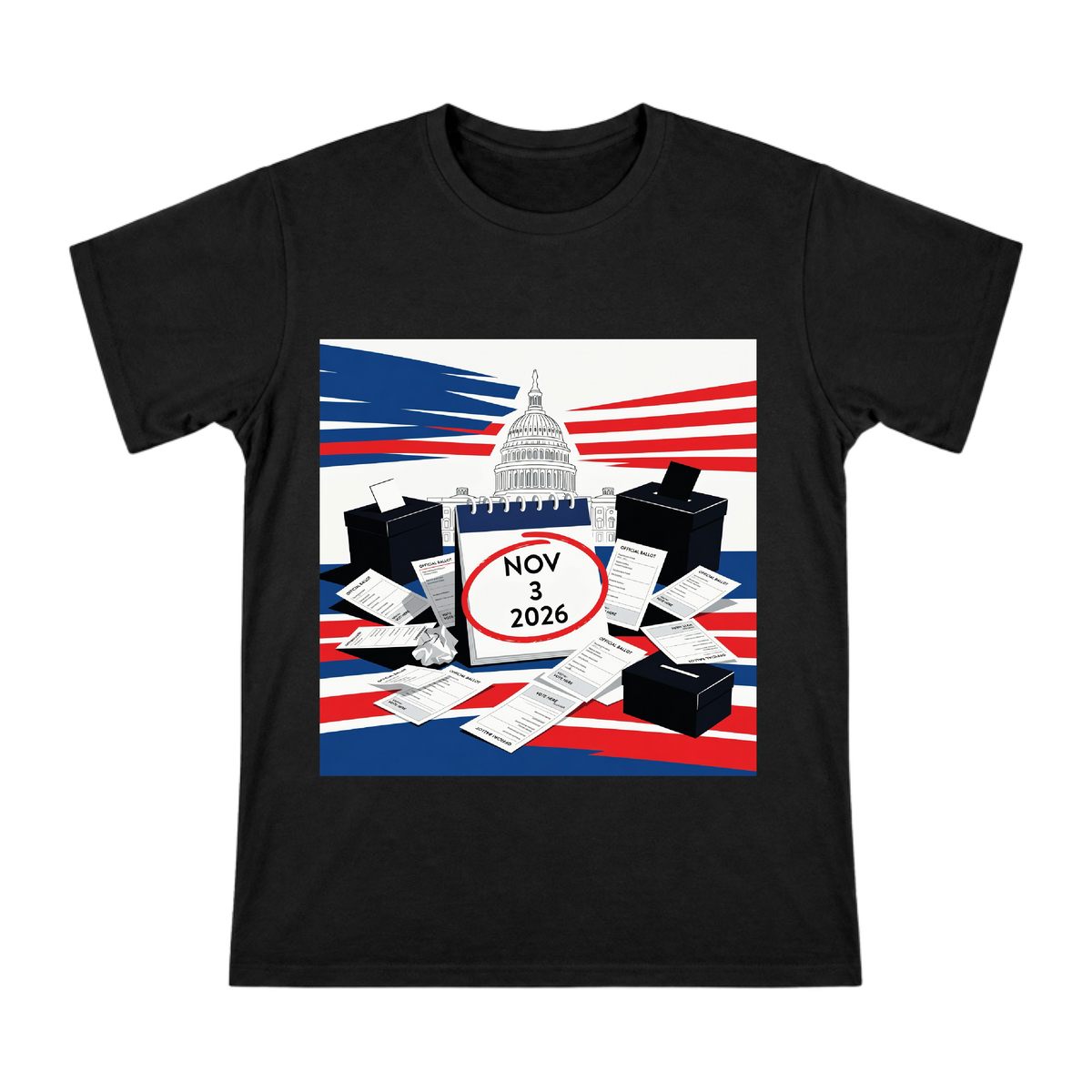 2026 US Midterm Election Political Illustration Men's Short Sleeve Cotton T-Shirt front [ai-pod:4666f4abf3bd5134e1f22d20d532f5f1]