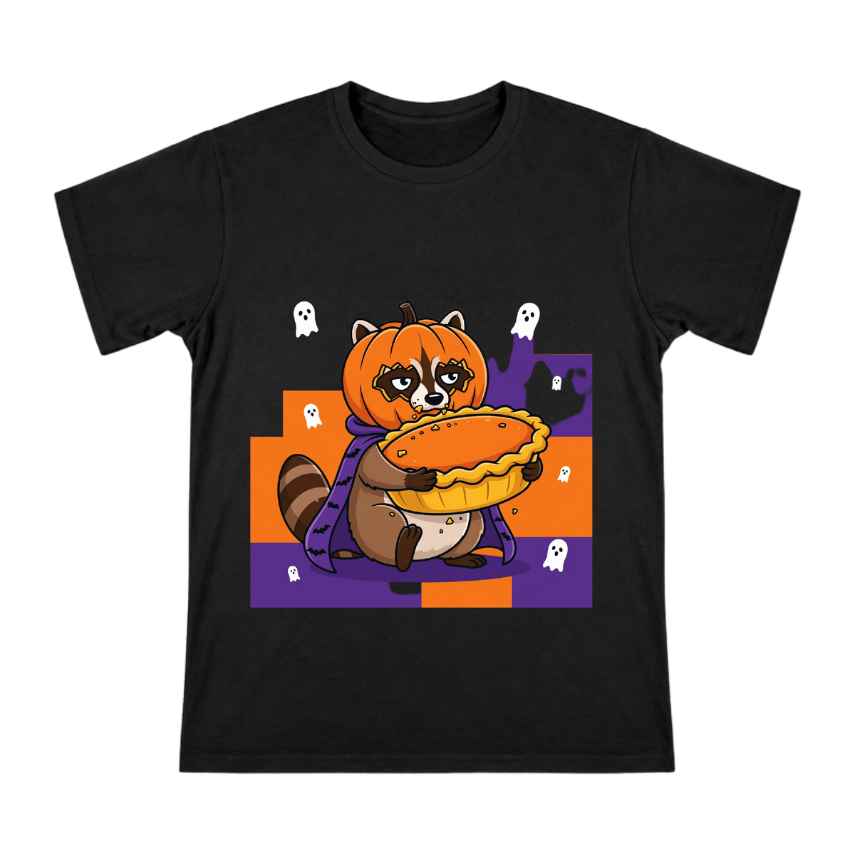 Halloween Raccoon Holding Pumpkin Pie Cartoon T-Shirt front [ai-pod:1c0fc8a5a4a2b121fa1774a2ab443d72]
