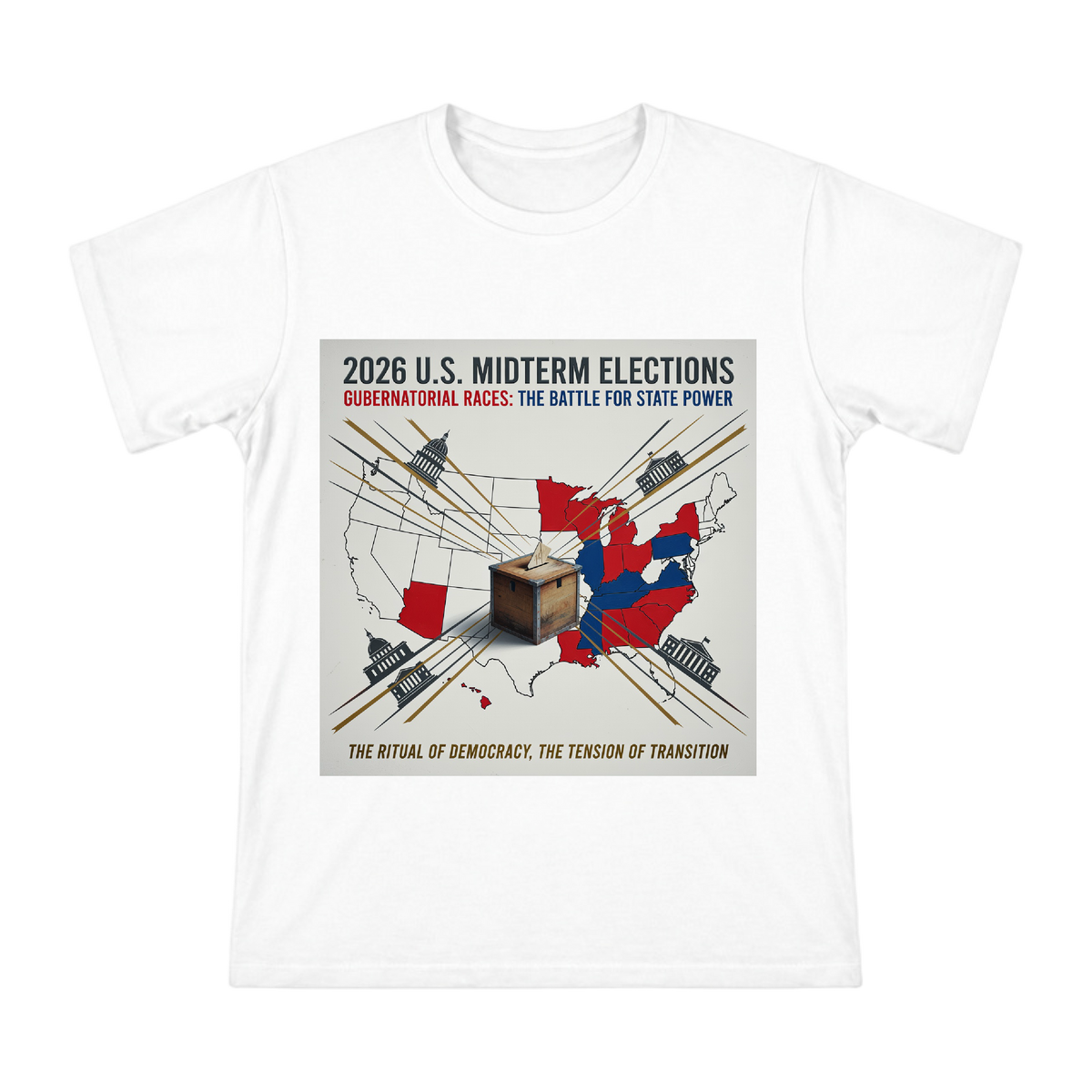 2026 U.S. Midterm Elections Gubernatorial Race Political Map Print Men's Short Sleeve T-Shirt front [ai-pod:a09f19a415dbd3c79034c606caef2587]