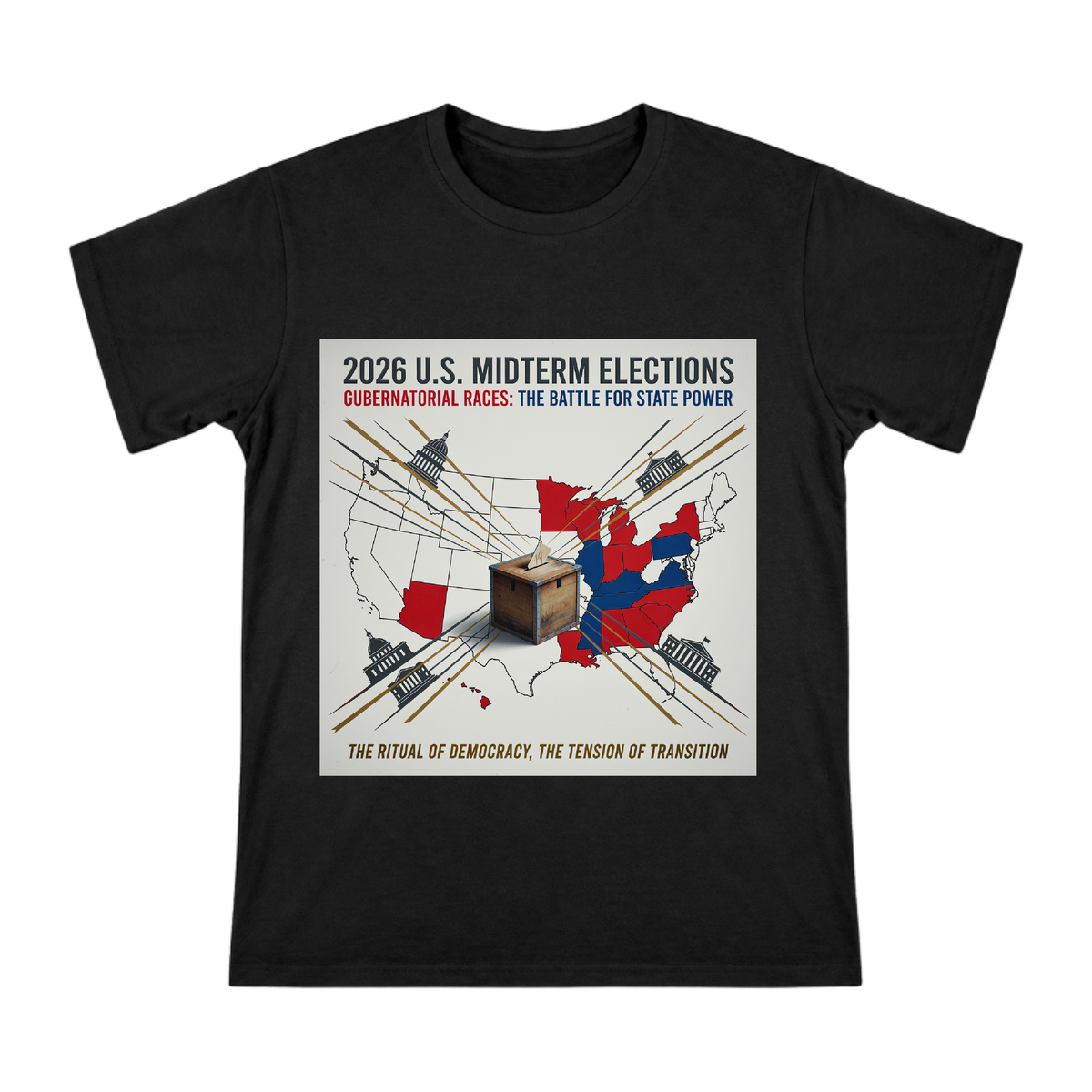 2026 U.S. Midterm Elections Gubernatorial Race Political Map Print Men's Short Sleeve T-Shirt front [ai-pod:e445d15216998bacef7307357235cc7a]
