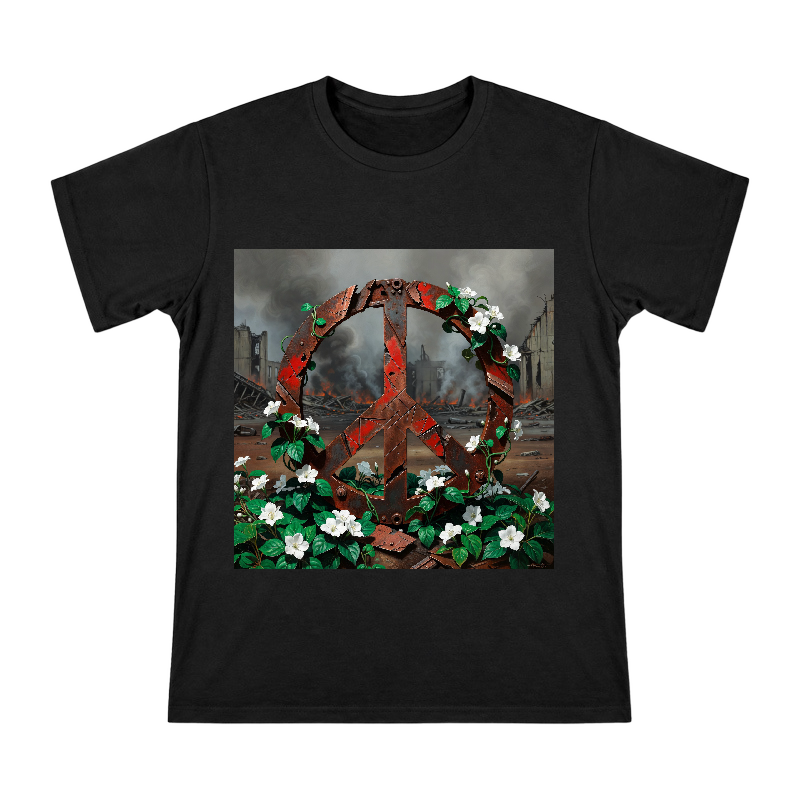 Rust and Renewal: Vine-Entwined Peace Symbol T-Shirt front [ai-pod:189a0ab3bcc1b47d4892917fd62767ee]