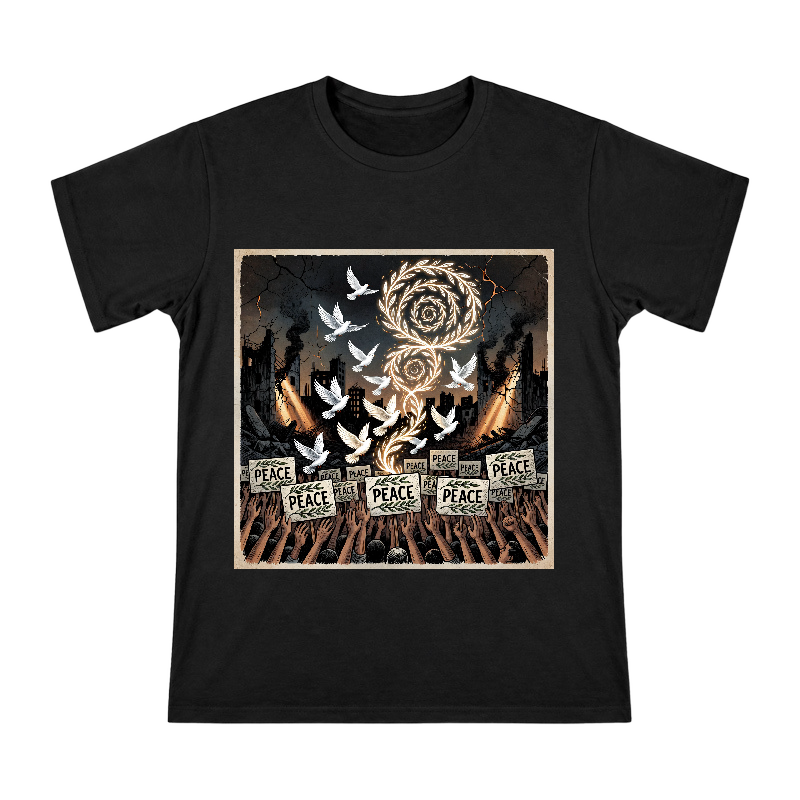 Peace Doves and Radiant Olive Branch Spiral on Ruins — Men's Heavyweight Cotton T-Shirt (Front Print Only) front [ai-pod:a0a11cf02de4b2e7157a4cd10ce885be]
