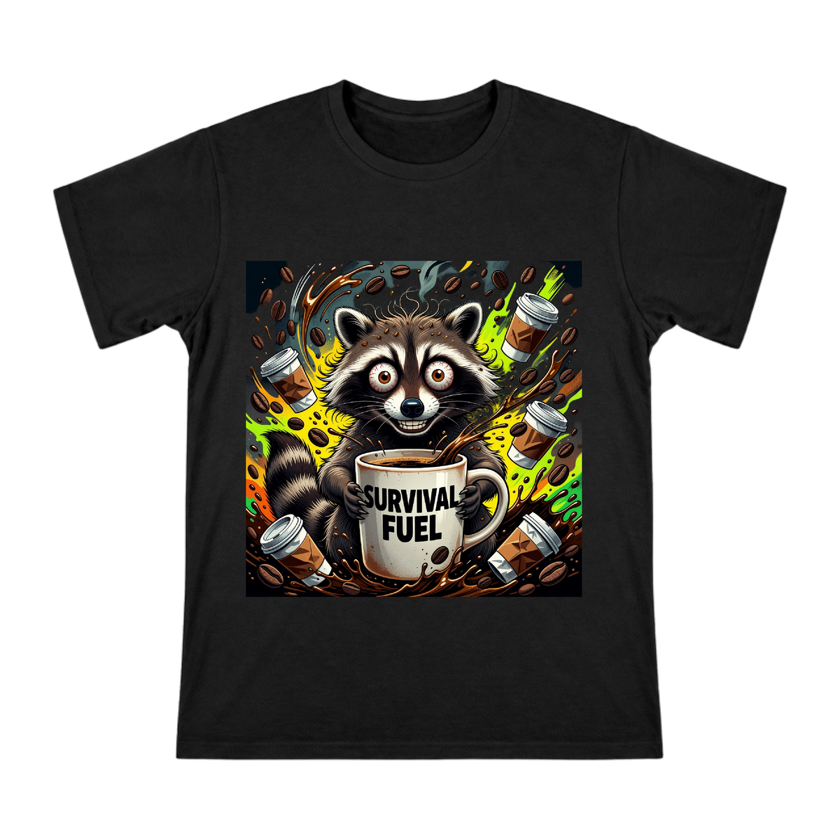 Survival Fuel: Caffeine-Fueled Raccoon Men's Custom Print T-Shirt front [ai-pod:51f20605c3e39d4552965c5031532799]
