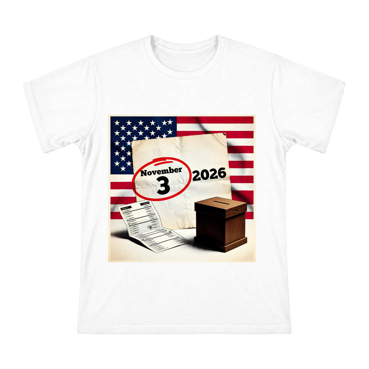 2026 Election Day Retro Calendar & Voting Box Men's Short Sleeve T-Shirt front [ai-pod:8182a79b49f53ce817de2f437e2b94f4]