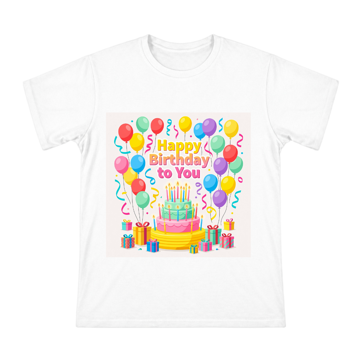Happy Birthday Vector Illustration with Cake and Balloons Men's Cotton T-Shirt front [ai-pod:7283d4b0c6e476eeb69970426e4670ac]