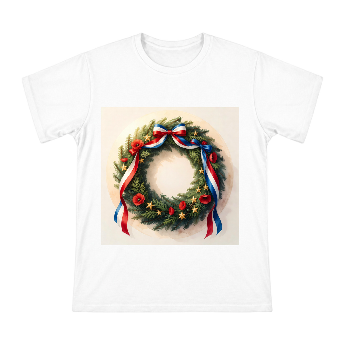 Solemn Evergreen Wreath Tribute Men's Custom Print T-Shirt front [ai-pod:5d7c892be01e5cd4617022f2d4a148dc]