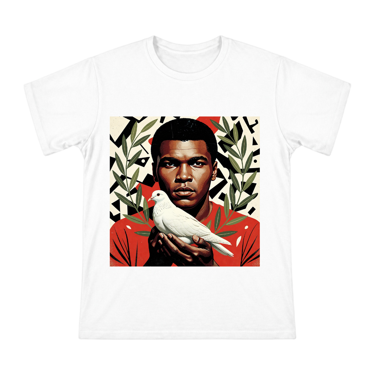Muhammad Ali and Peaceful Dove Vintage Illustration Men's Short Sleeve T-Shirt front [ai-pod:0de7a69803464f4414aa63e25bc9e51b]