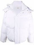 AMI Paris Ami de Coeur patch short down jacket in white, front view