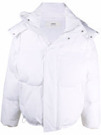AMI Paris Ami de Coeur patch short down jacket in white, front view