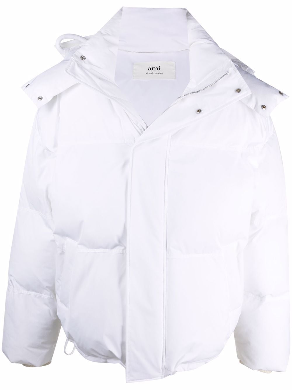 AMI Paris Ami de Coeur patch short down jacket in white, front view