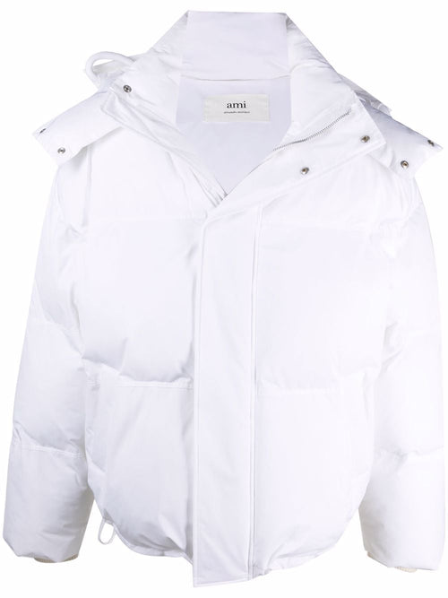 AMI Paris Ami de Coeur patch short down jacket in white, front view