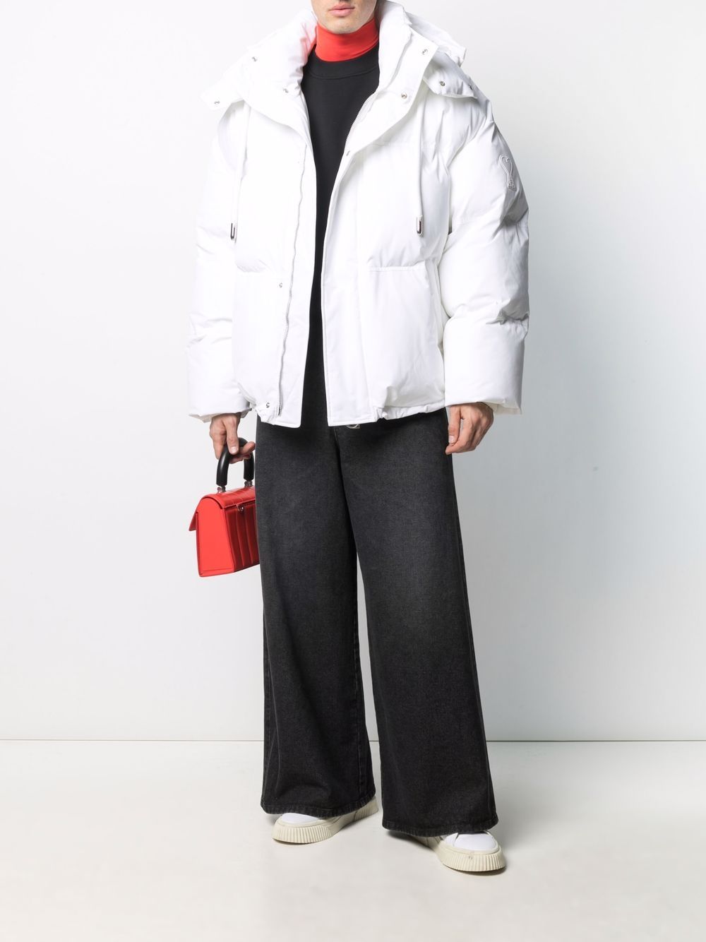 AMI Paris Ami de Coeur patch short down jacket in white, styled front view