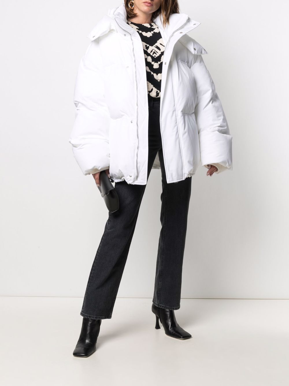 AMI Paris Ami de Coeur patch short down jacket in white, styled view